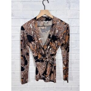 Cache Wrap Top Womens XS Black Beige Paisley Long Sleeve Tie Waist Y2K Career